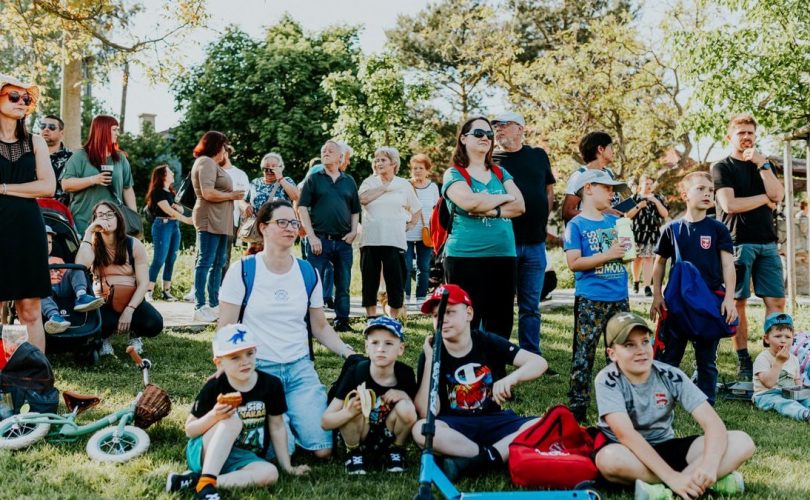 A diverse group of people enjoying a sunny day at an outdoor community event in a park setting.